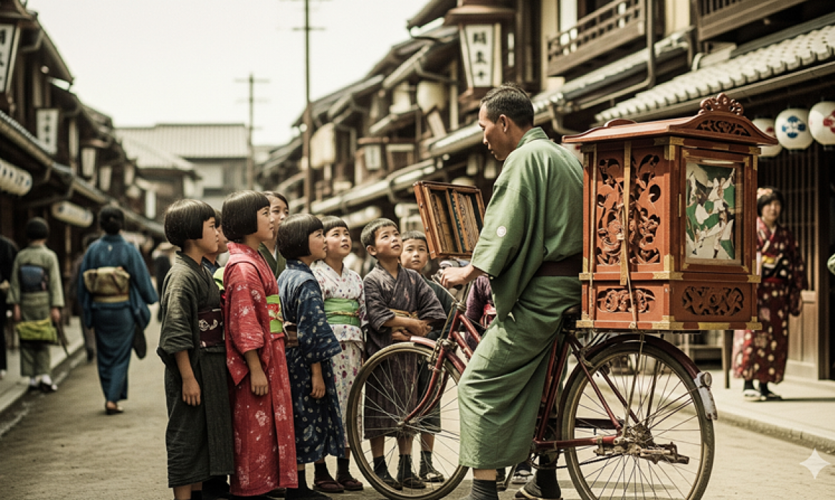 fotografija prikazuje pripovjedača koji na biciklu ima pričvršćenu butaj kutiju s pomoću koje pripovijeda priče djeci; scena je smještena na ulicu u Japanu početkom 20. stoljeća