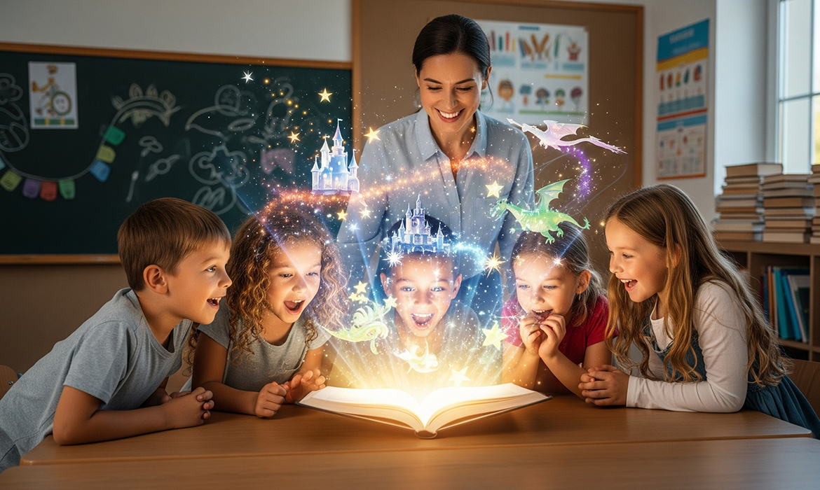 fotografija učiteljice i učenika na kojoj učenici gledaju u otvorenu knjigu iz koje izlazi virtualni prikaz svijeta bajki