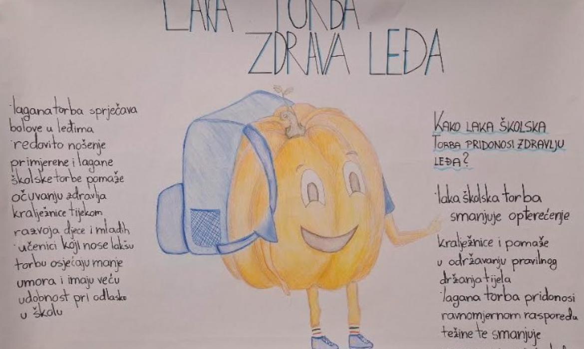 Primjer učeničkog edukativnog plakata „Laka torba, zdrava dječja kralježnica “ s prikazom utjecaja mehaničkog opterećenja na kralježnicu i mišićni sustav u razvoju