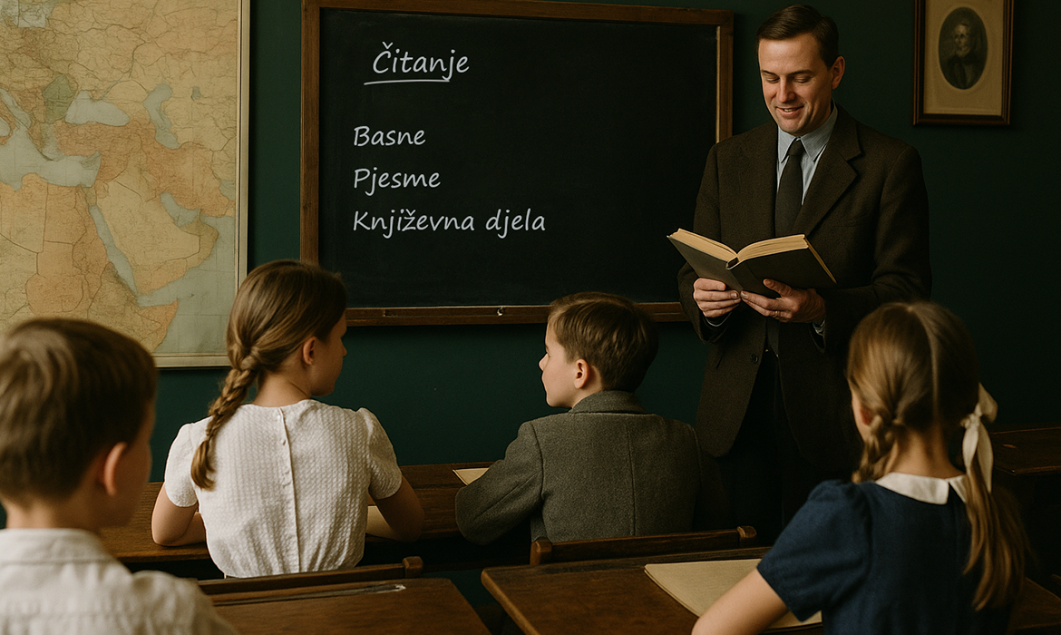 fotografija prikazuje učitelja i učenike smještene u učionicu iz sredine 20. stoljeća