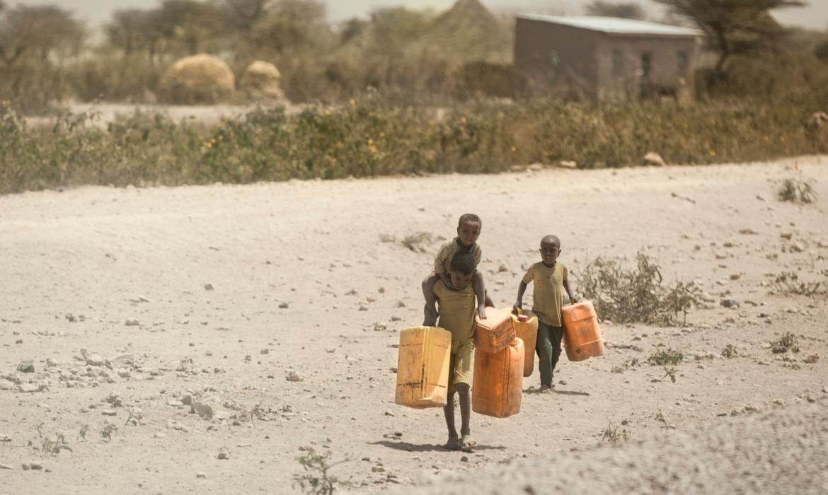 Djeca koja su žedna u svojim domovima zbog suše u Africi. Vodu do kuće nose u kanistrima, Etiopija, Jigjiga 2016.