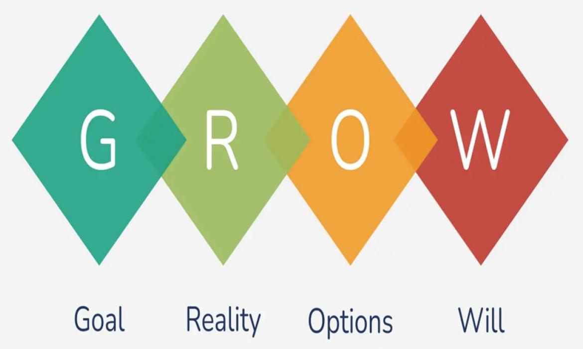 Infografika prikazuje infografiku riječi GROW (Goal, Reality, Options, Will).