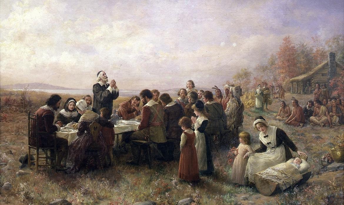 Jennie Augusta Brownscombe: The First Thanksgiving at Plymouth, 1914, Pilgrim Hall Museum, Plymouth, Massachusetts, SAD